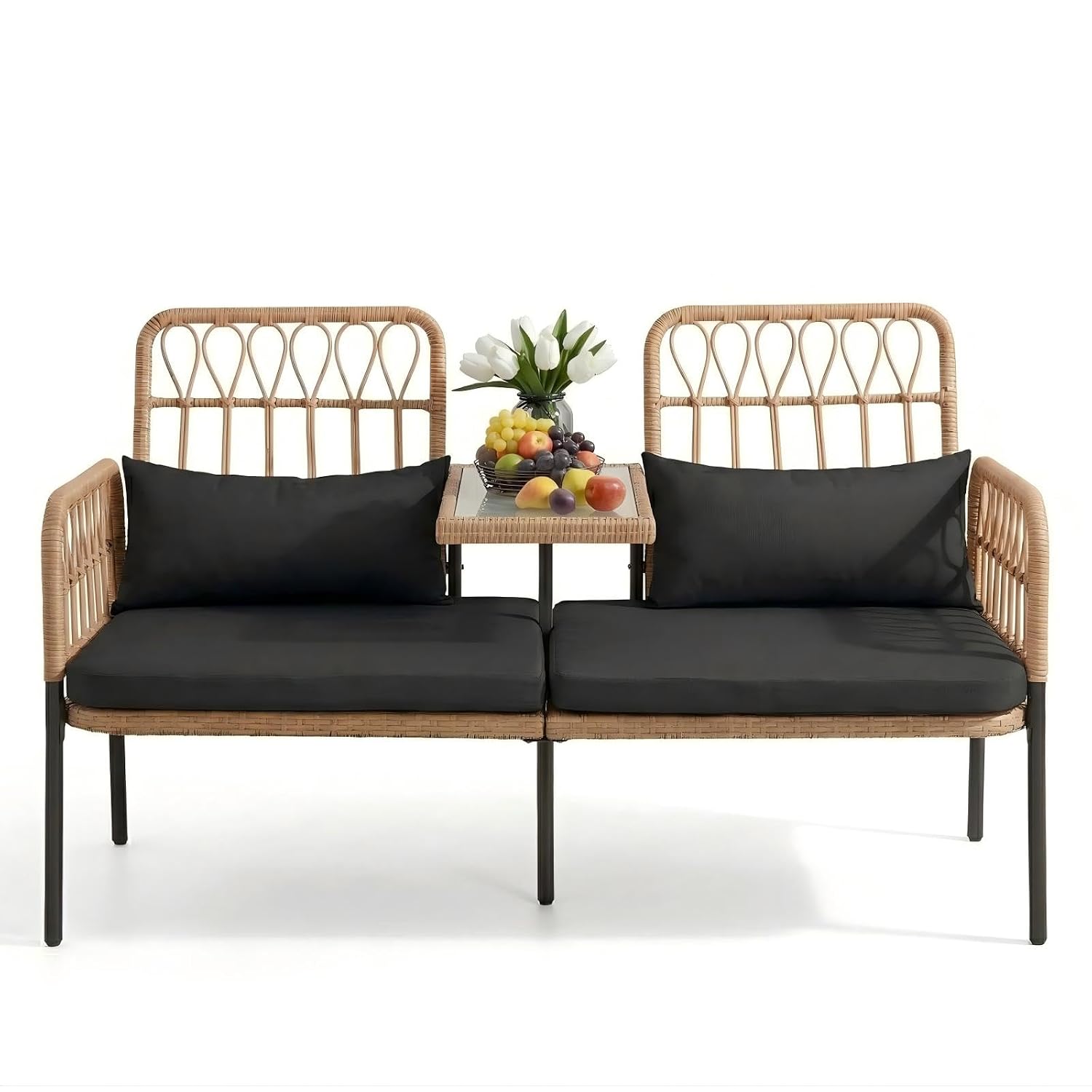 Outdoor Furniture Loveseat - Cam Sehpalı Rattan Çift Kişilik Kanepe,
