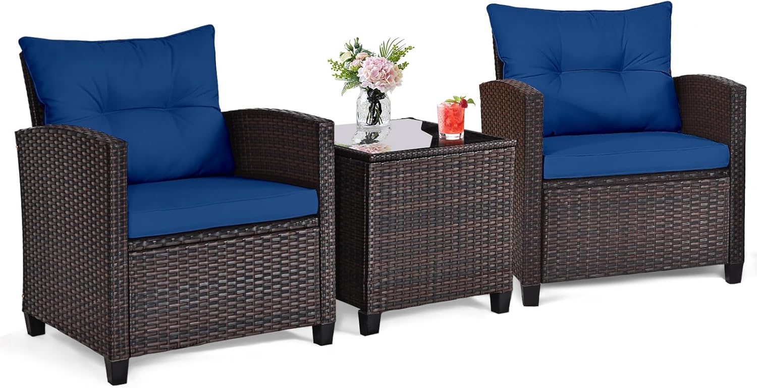 Outdoor Furniture Table - Lacivert rattan hasır 3 parçalı dış